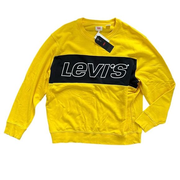 NWT Levi's Logo Spellout Yellow Black Crew Neck Fleece Sweatshirt Men's size XXL - Picture 1 of 9